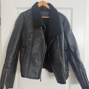 French Connection Black Leather Jacket with Shearling Lining